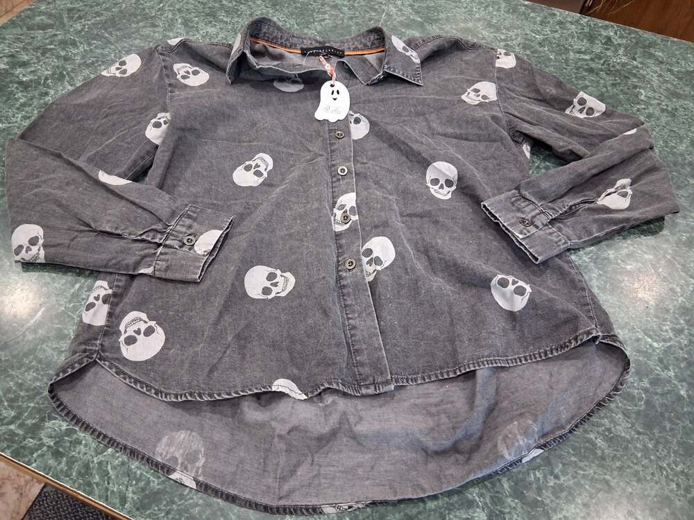 Jane And Delancey Skull Chambray Blouse Top Women XS Gray and White Cotton NWOT